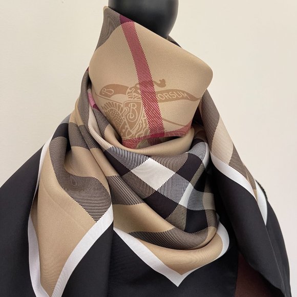 NWT Burberry Scarf Classic Beige Check Pattern Black Border Silk SWrap - Picture 12 of 14
